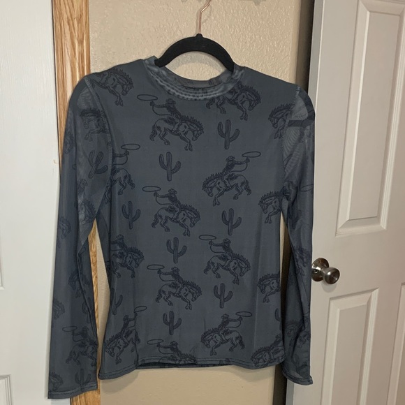 WESTERN Pattern Charcoal Gray and Black Mesh Shirt Mock Turtleneck Long Sleeve - Picture 4 of 7